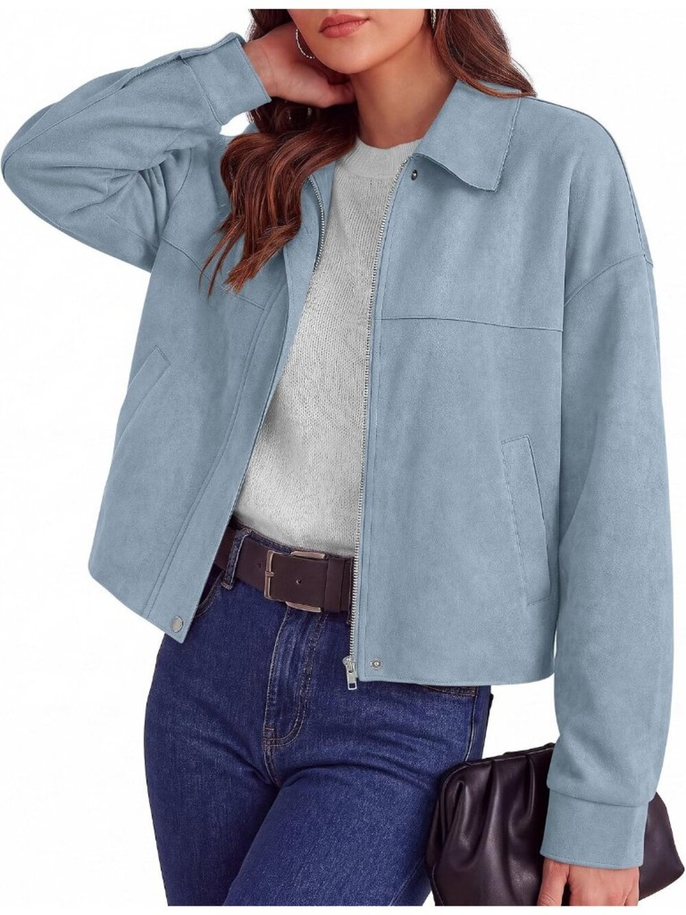 Womens Light Blue Faux Suede Fall Zip Up Oversized Casual Shacket Cropped Jacket - Picture 5 of 6